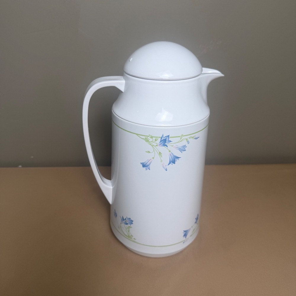 Vintage Corning Thermique 1 Qt Thermal Carafe Blue Floral Coffee Tea Pitcher